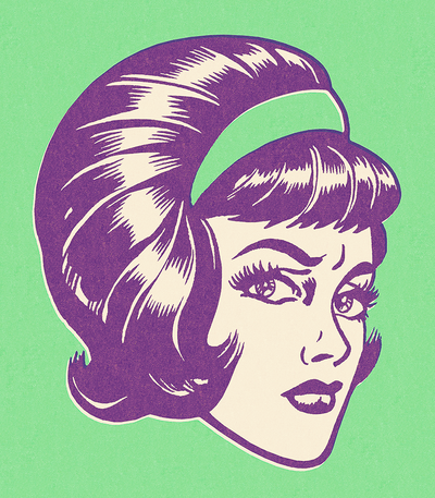 A retro-style graphic illustration of a woman's face in purple and off white on a light green background.